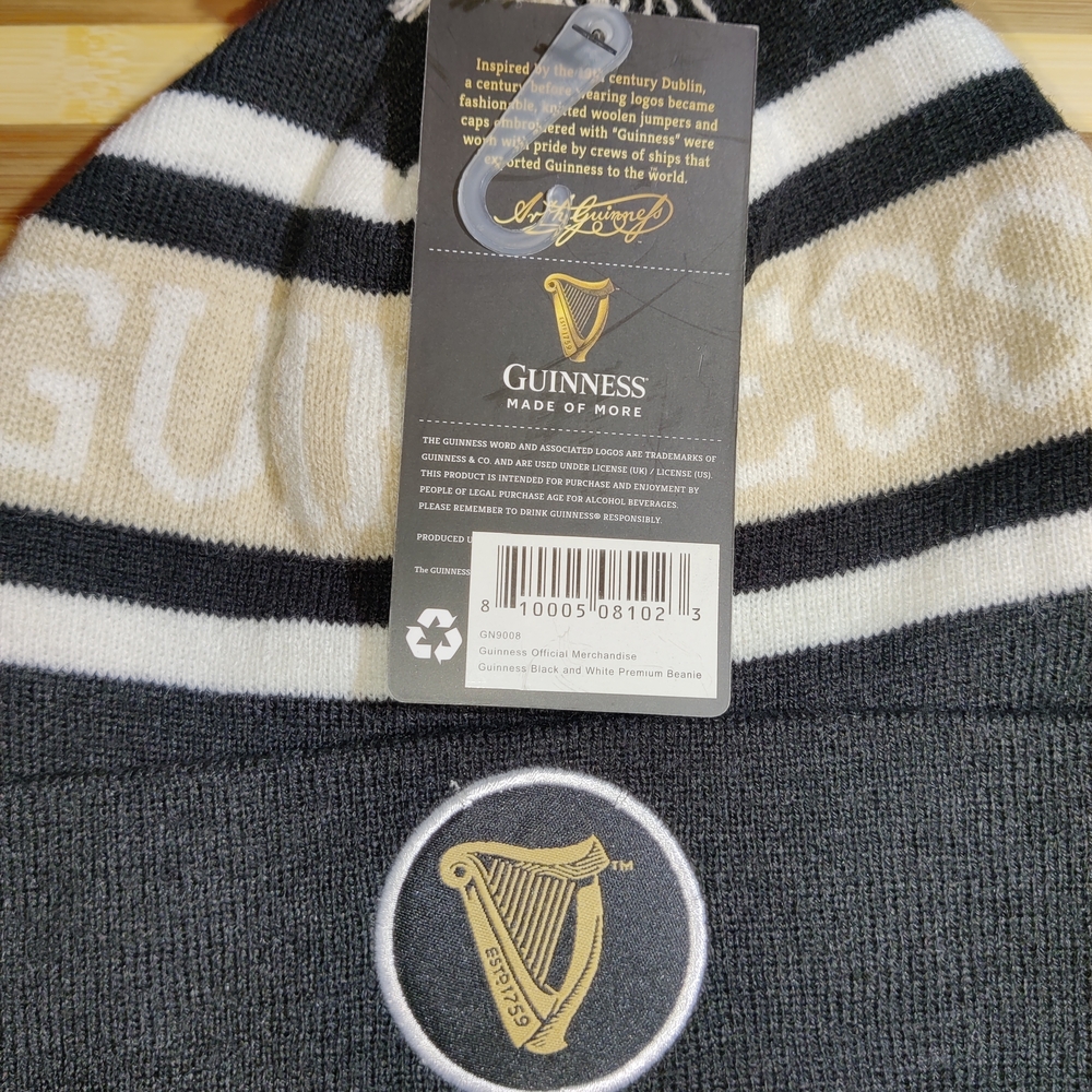 Guinness Black and White Premium Beanie, rib knit, Guinness harp, pom pom - OS - Picture 2 of 3